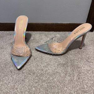Holographic clear rhinestone mules